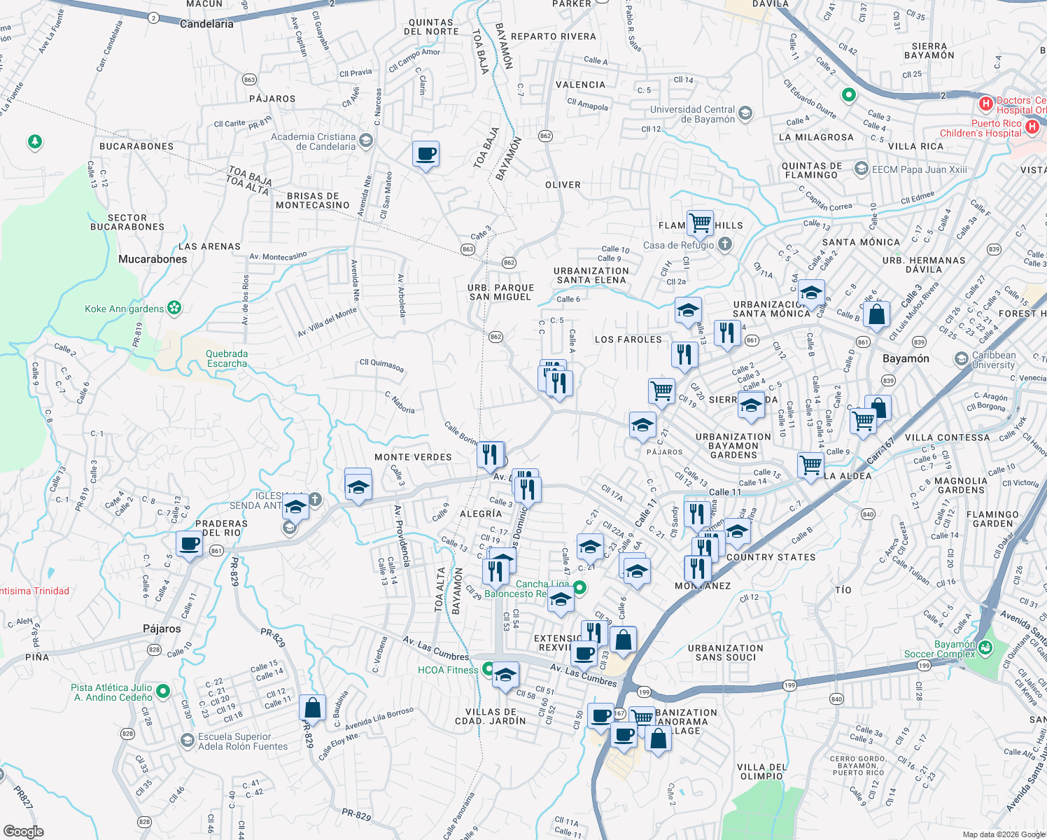 map of restaurants, bars, coffee shops, grocery stores, and more near Puerto Rico 861 in Bayamón