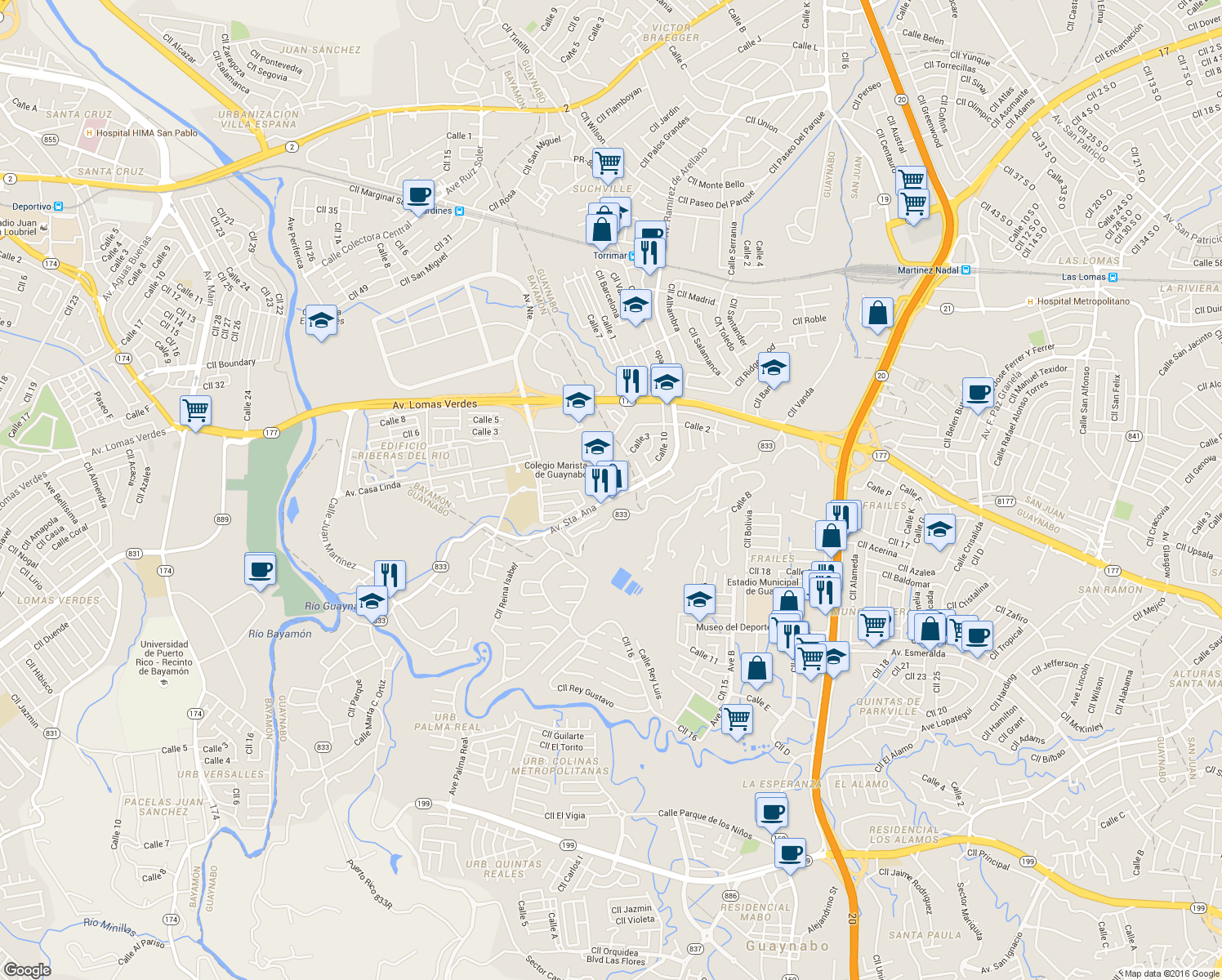map of restaurants, bars, coffee shops, grocery stores, and more near Calle Gaviota in Guaynabo