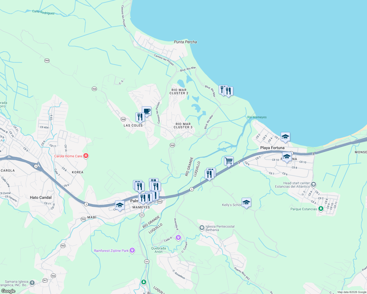 map of restaurants, bars, coffee shops, grocery stores, and more near PR-968 in Rio Grande