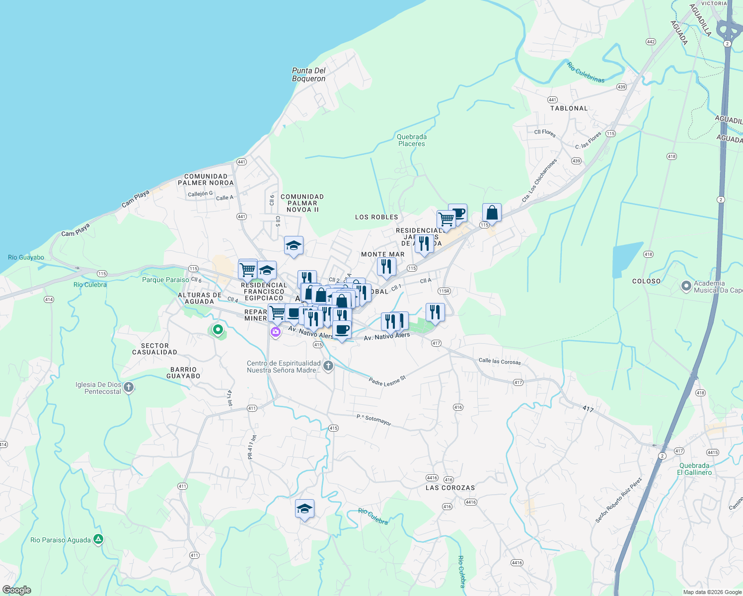 map of restaurants, bars, coffee shops, grocery stores, and more near Calle Colon in Aguada