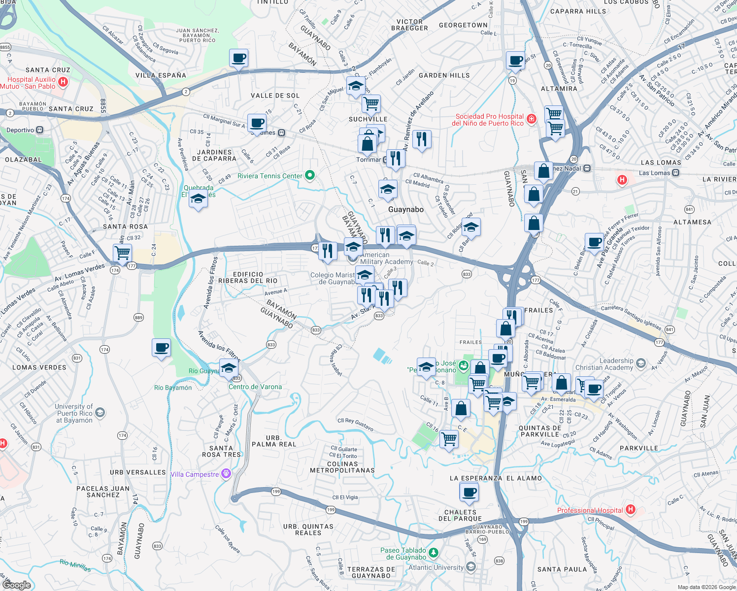 map of restaurants, bars, coffee shops, grocery stores, and more near Calle Gaviota in Guaynabo