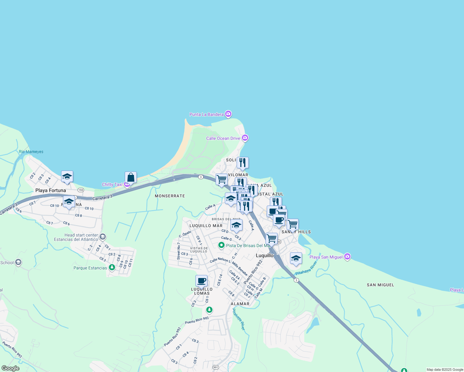 map of restaurants, bars, coffee shops, grocery stores, and more near PR-193 in Luquillo