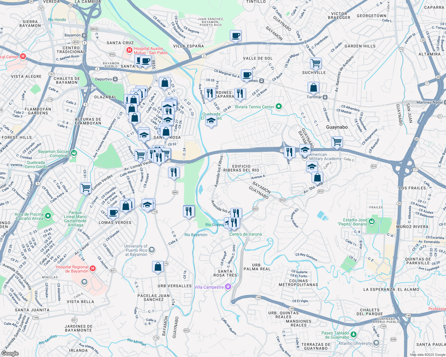 map of restaurants, bars, coffee shops, grocery stores, and more near Calle Dominica in Bayamón