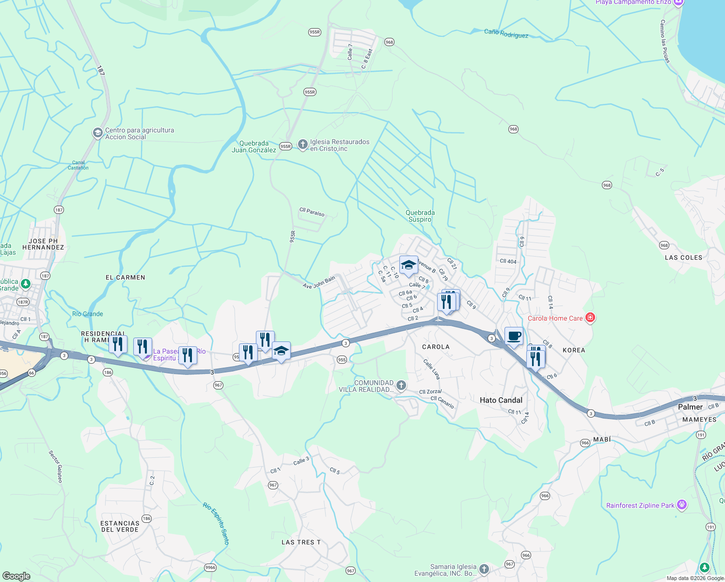 map of restaurants, bars, coffee shops, grocery stores, and more near Calle Mamey in Rio Grande