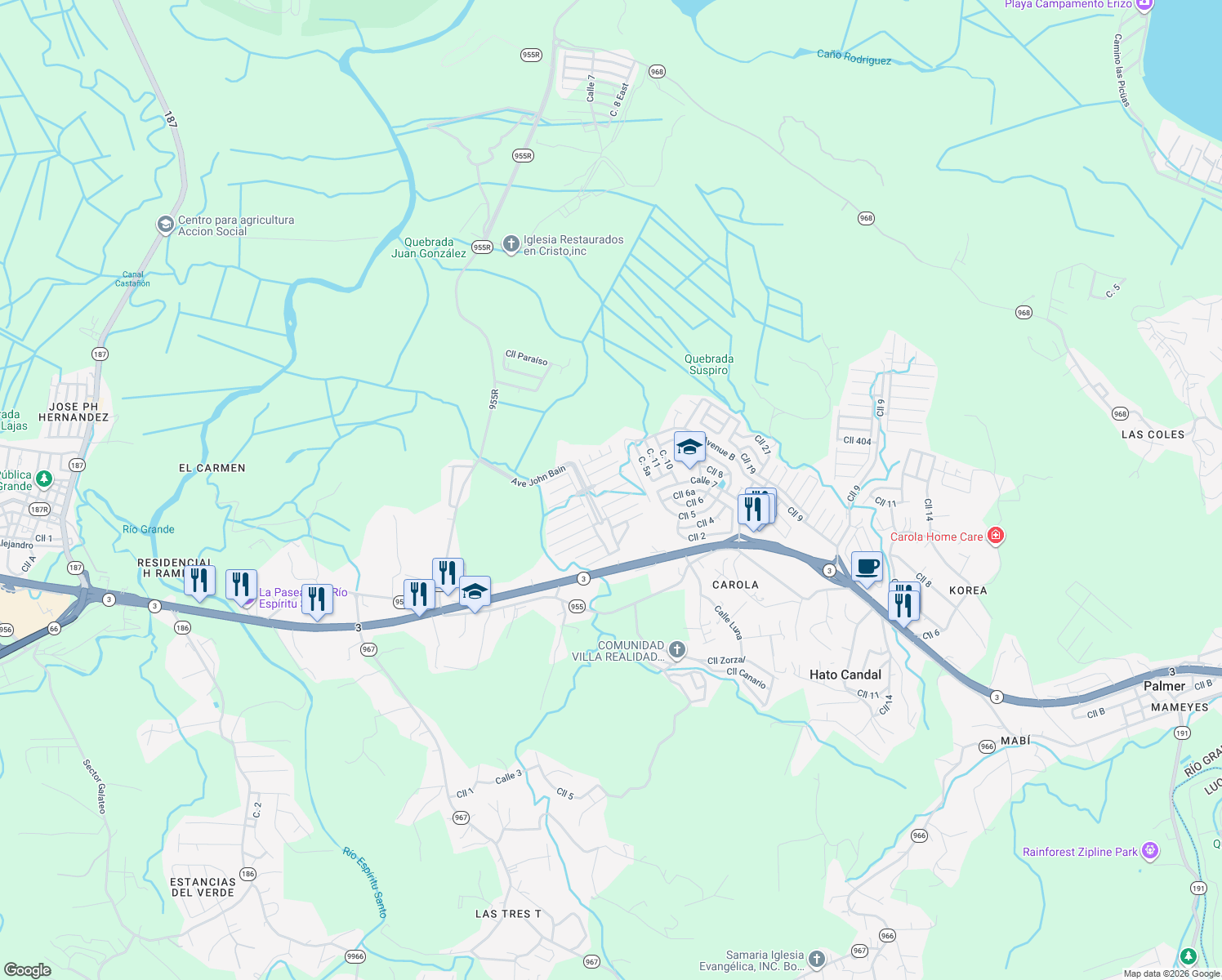 map of restaurants, bars, coffee shops, grocery stores, and more near Calle Mamey in Zarzal