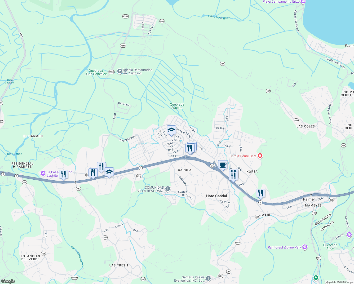 map of restaurants, bars, coffee shops, grocery stores, and more near Calle 5 in Río Grande