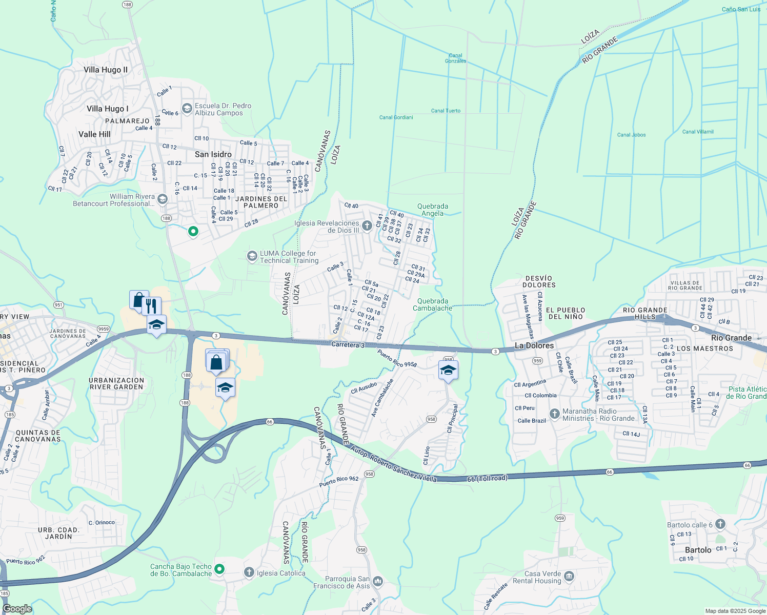 map of restaurants, bars, coffee shops, grocery stores, and more near Calle 19 in Canóvanas