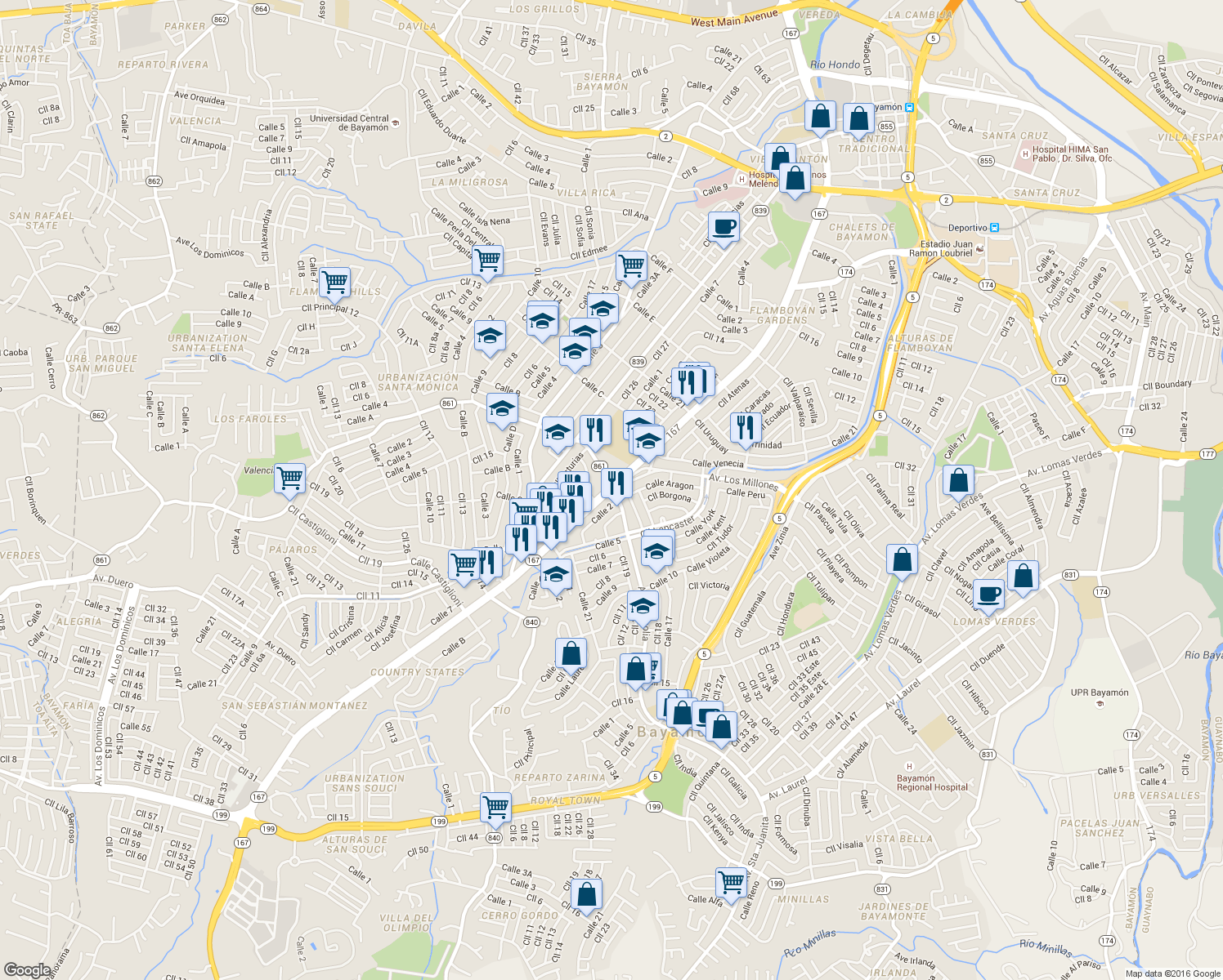 map of restaurants, bars, coffee shops, grocery stores, and more near Calle Apolo in Bayamón