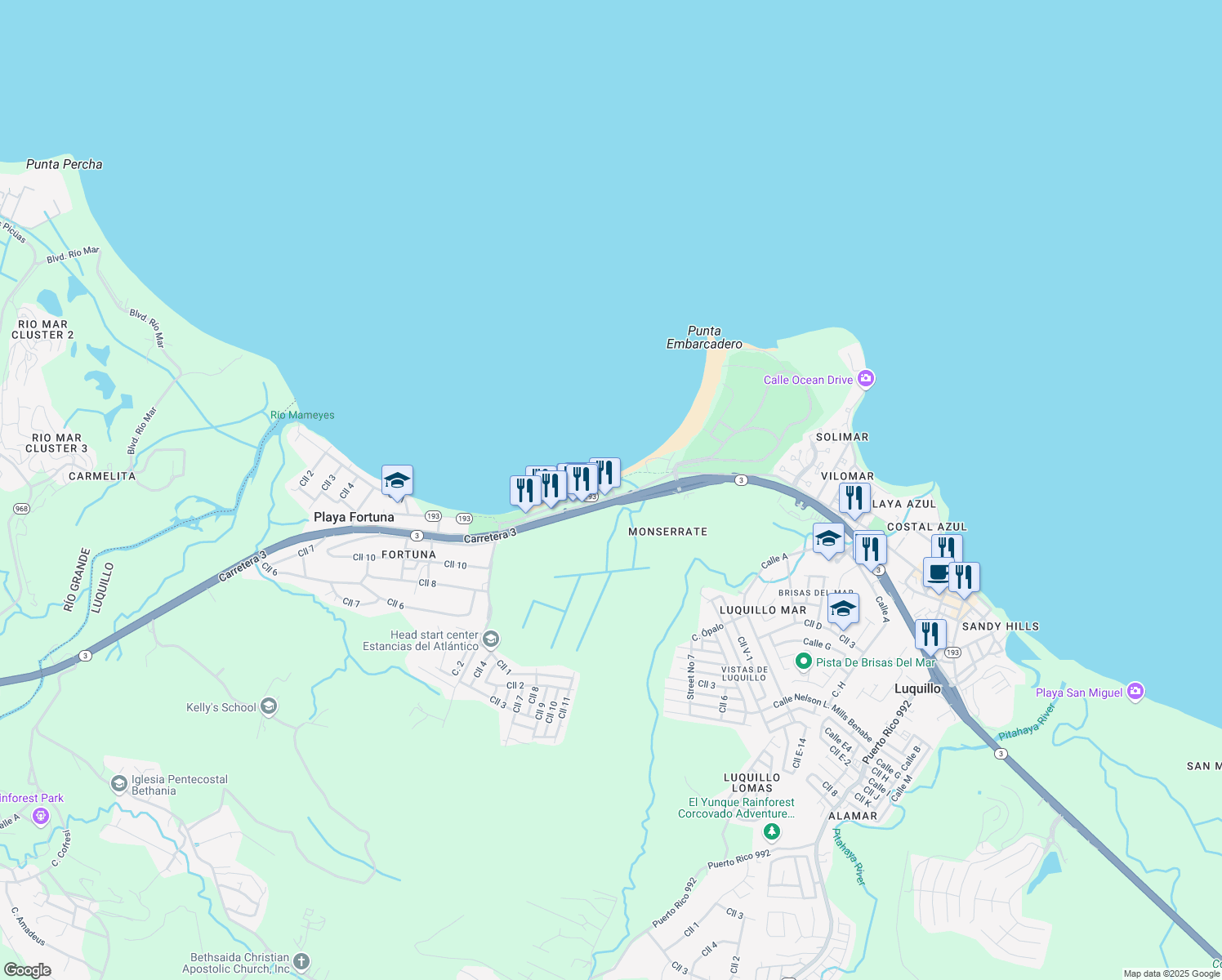 map of restaurants, bars, coffee shops, grocery stores, and more near PR-193 in Luquillo