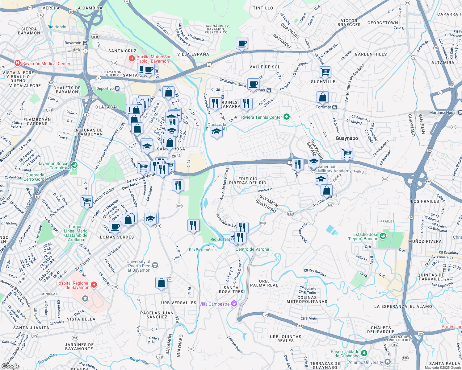 map of restaurants, bars, coffee shops, grocery stores, and more near Calle Juan Martínez in Bayamón