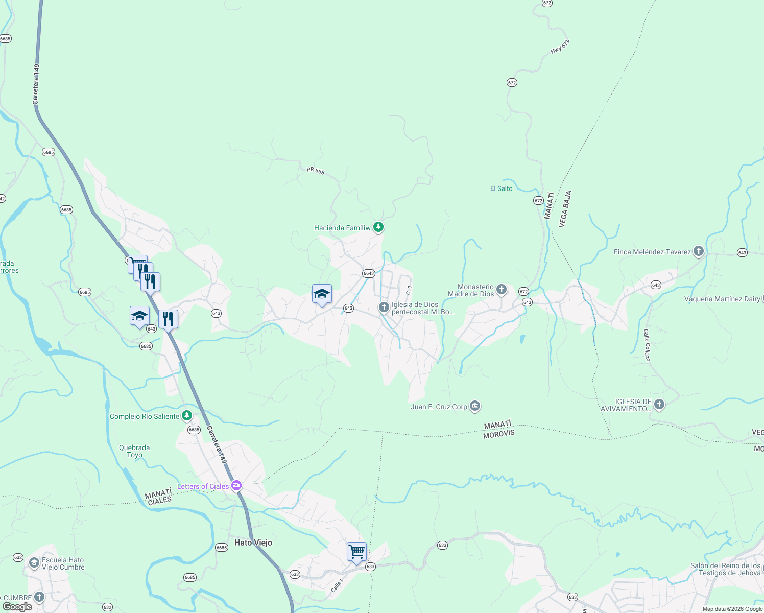 map of restaurants, bars, coffee shops, grocery stores, and more near in Río Arriba Saliente