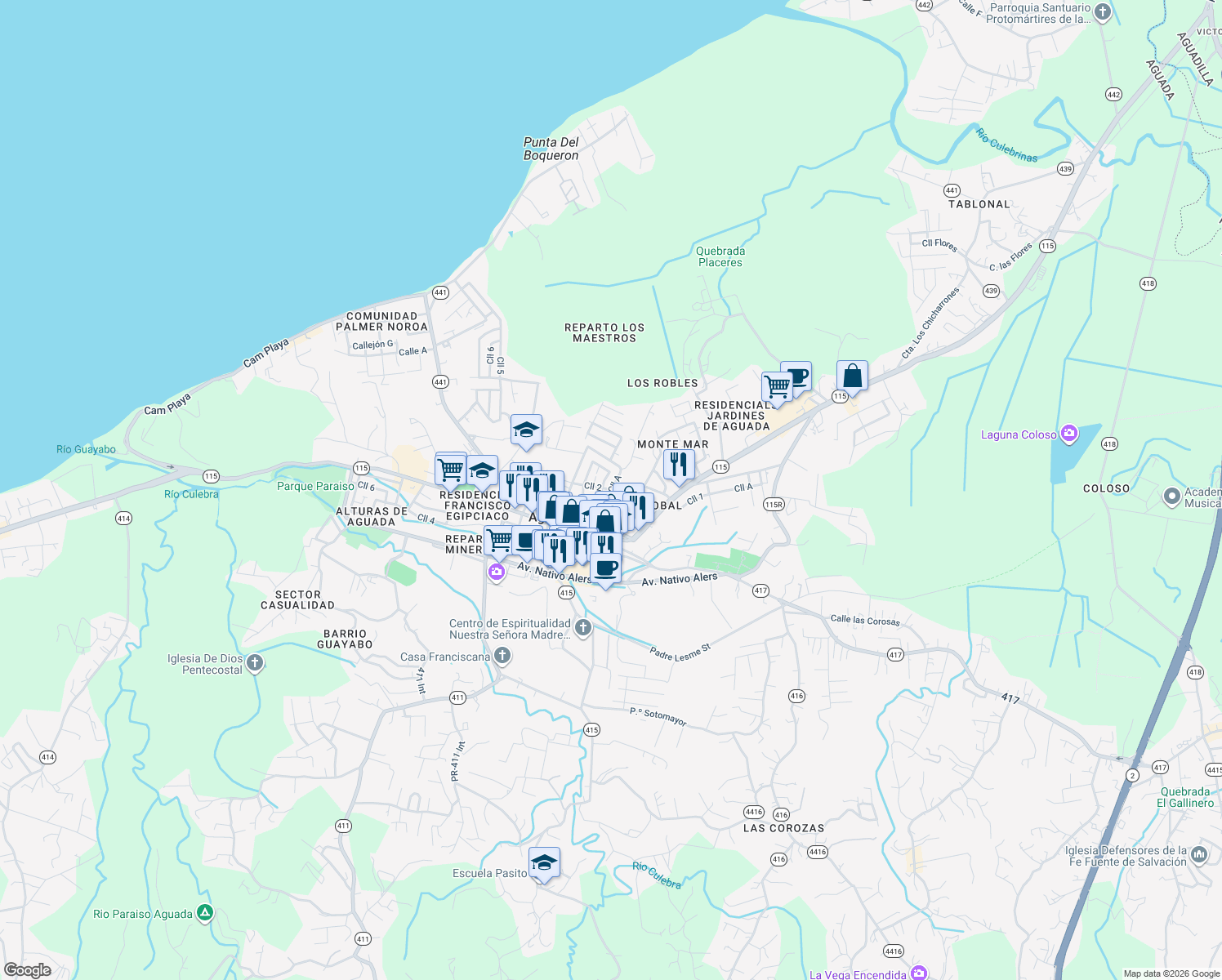 map of restaurants, bars, coffee shops, grocery stores, and more near Calle A in Aguada