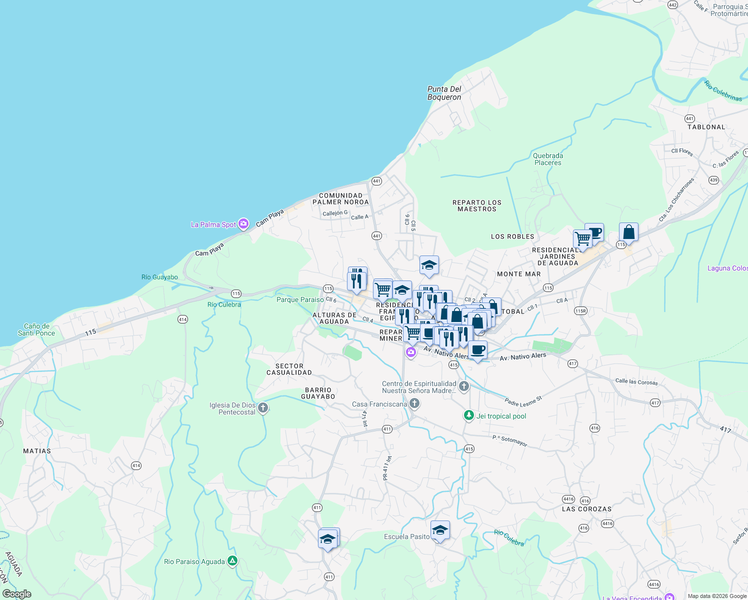 map of restaurants, bars, coffee shops, grocery stores, and more near Highway 115 in Aguada