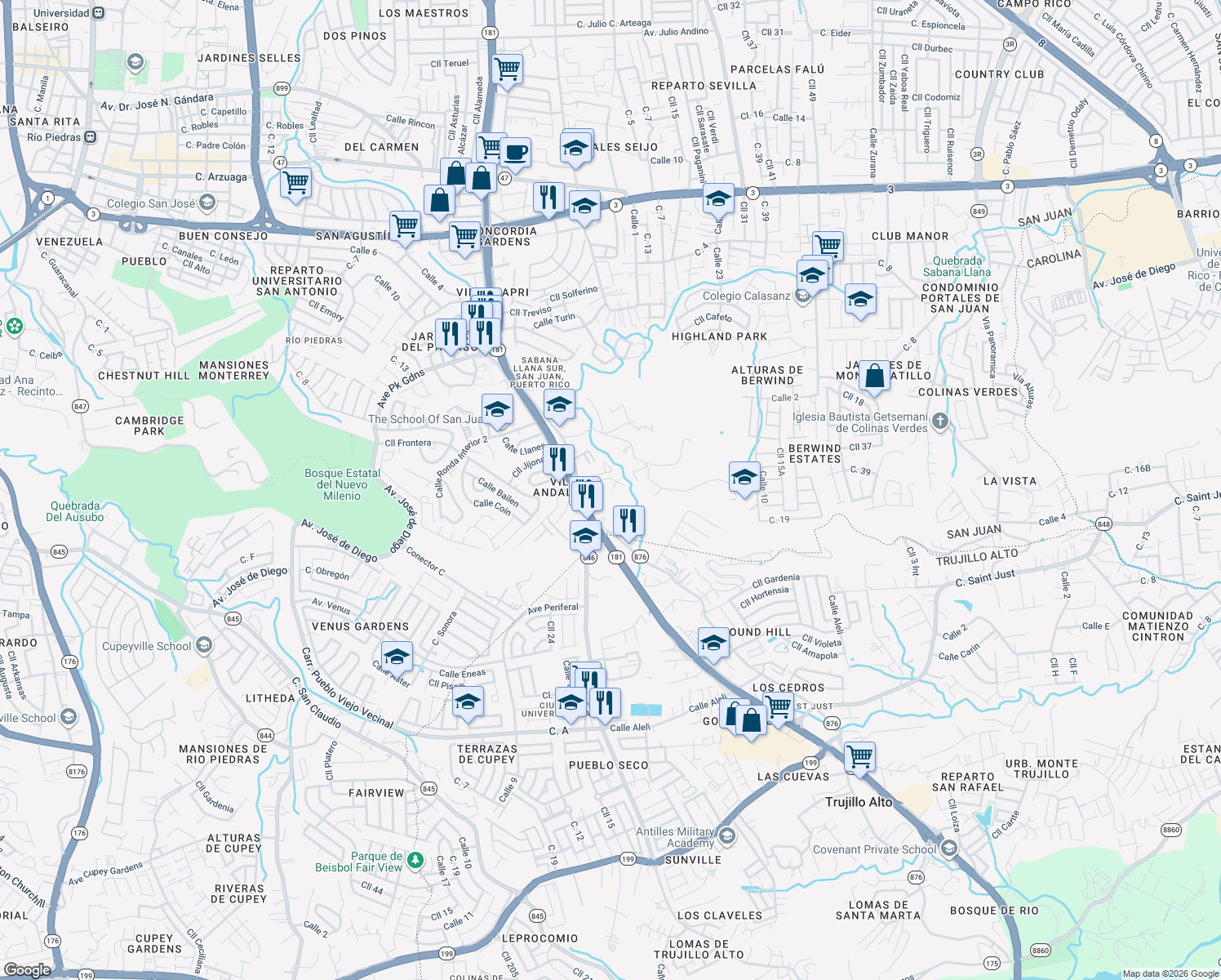 map of restaurants, bars, coffee shops, grocery stores, and more near 877 Puerto Rico 877 in San Juan