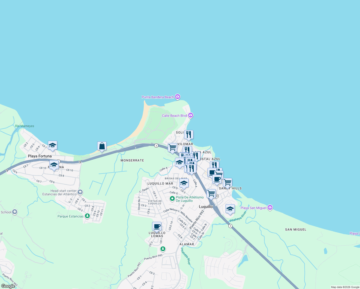 map of restaurants, bars, coffee shops, grocery stores, and more near in Luquillo
