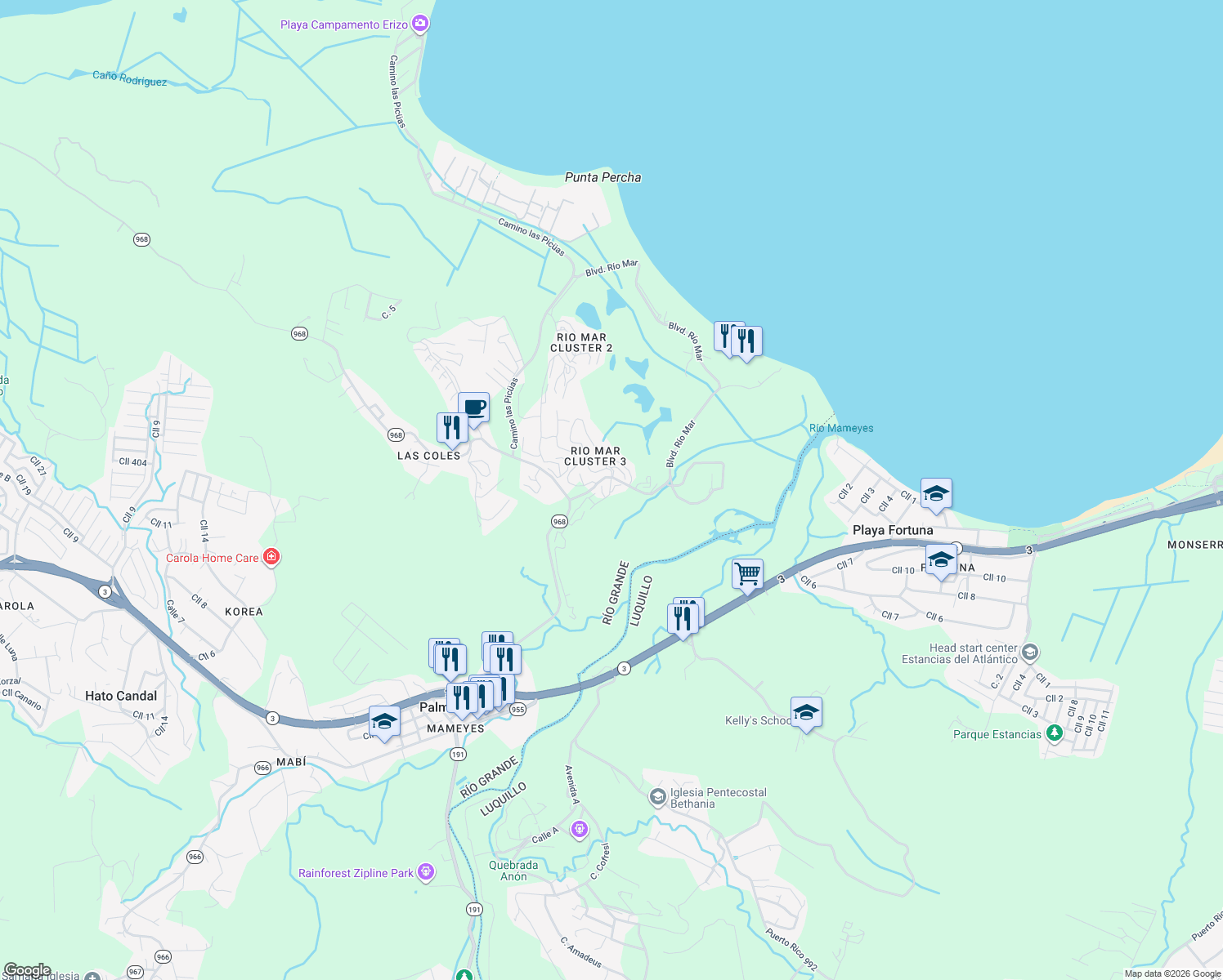 map of restaurants, bars, coffee shops, grocery stores, and more near in Río Grande