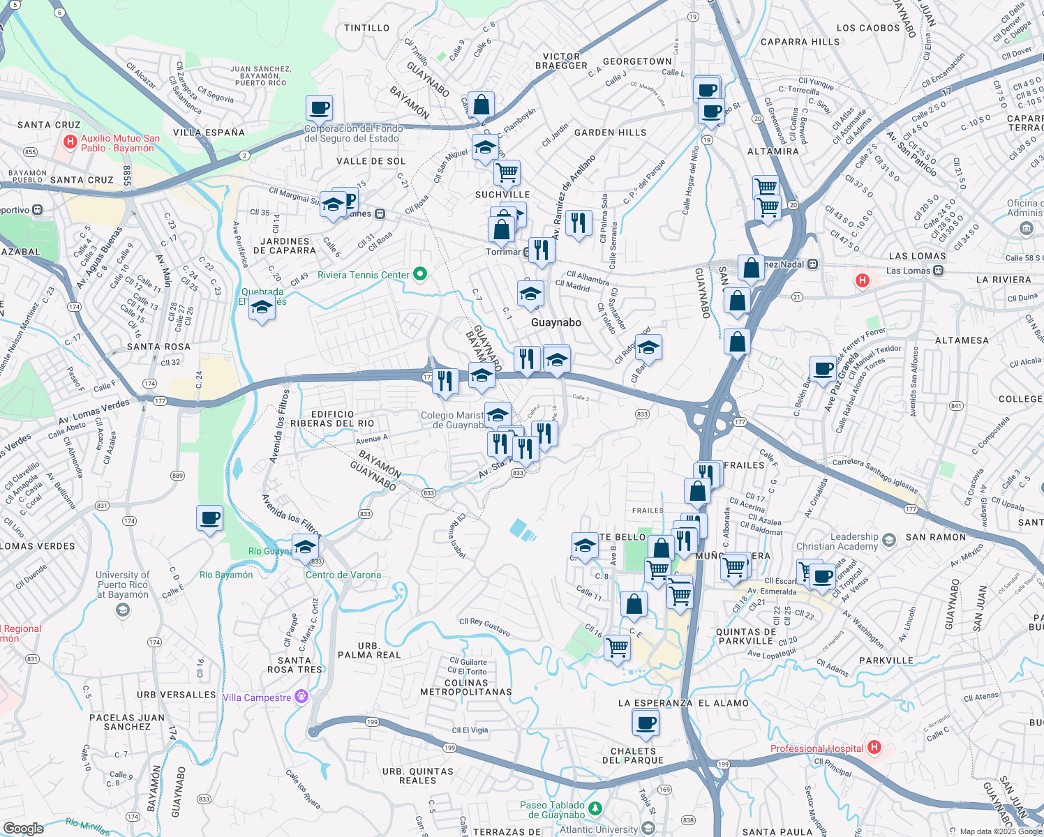 map of restaurants, bars, coffee shops, grocery stores, and more near Calle 2 in Guaynabo