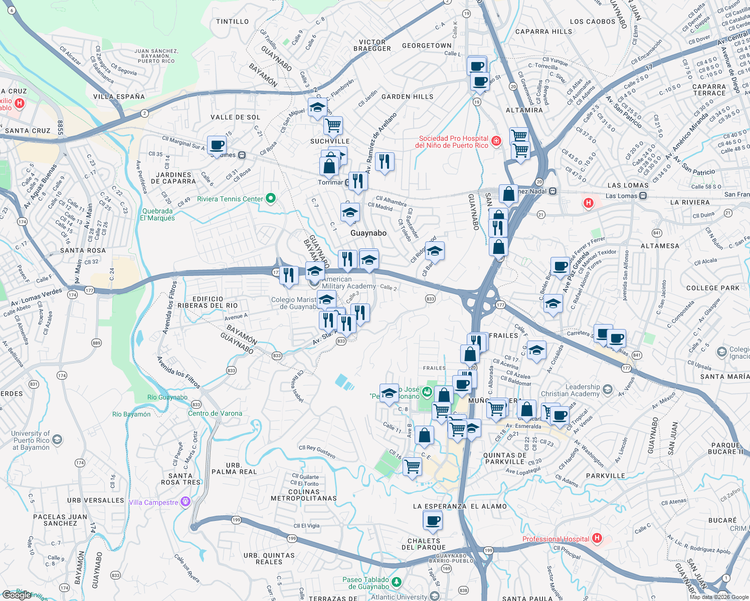 map of restaurants, bars, coffee shops, grocery stores, and more near Avenida Santa Ana in Guaynabo