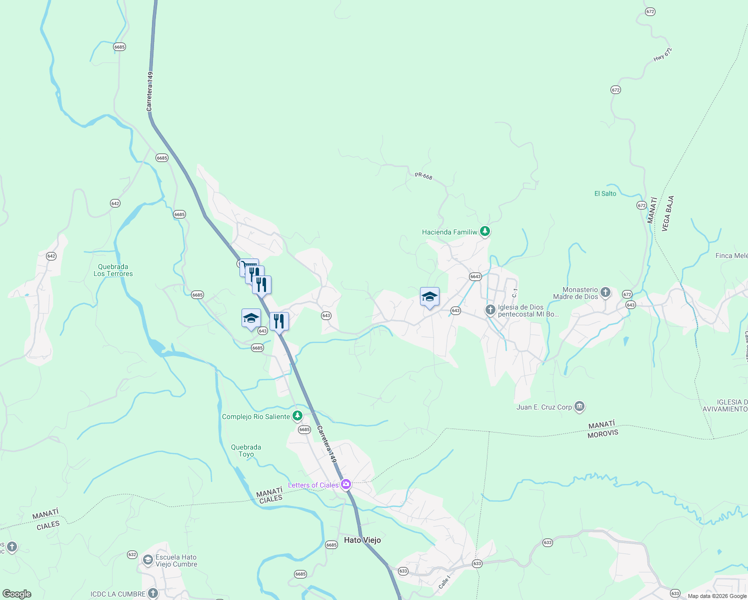 map of restaurants, bars, coffee shops, grocery stores, and more near in Manatí