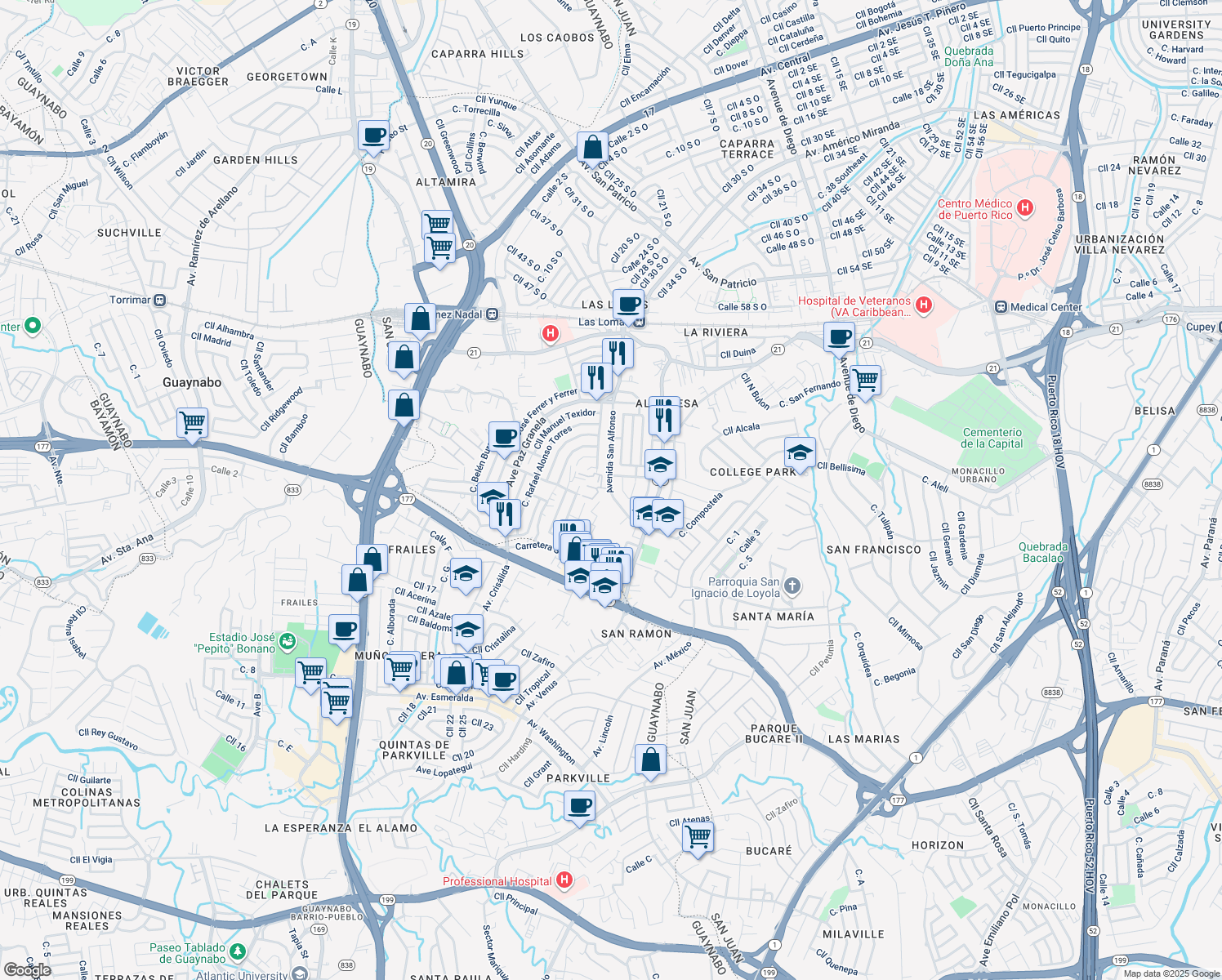map of restaurants, bars, coffee shops, grocery stores, and more near in San Juan