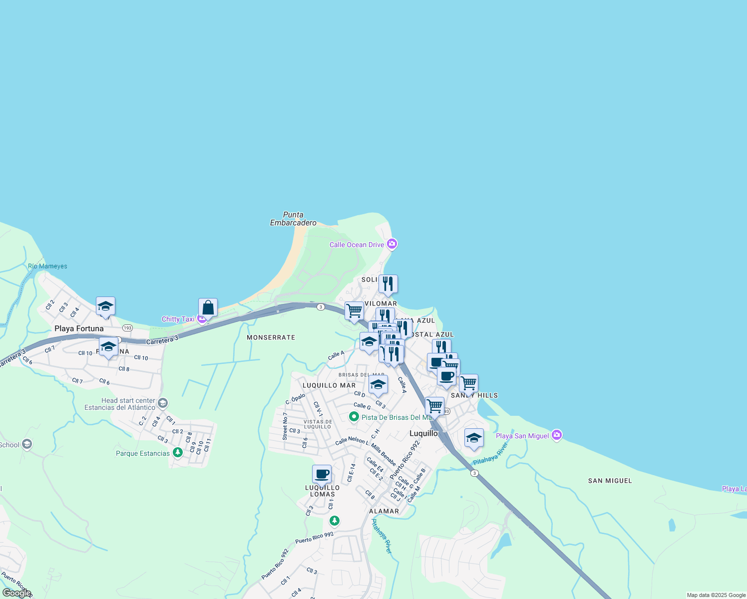 map of restaurants, bars, coffee shops, grocery stores, and more near in Luquillo