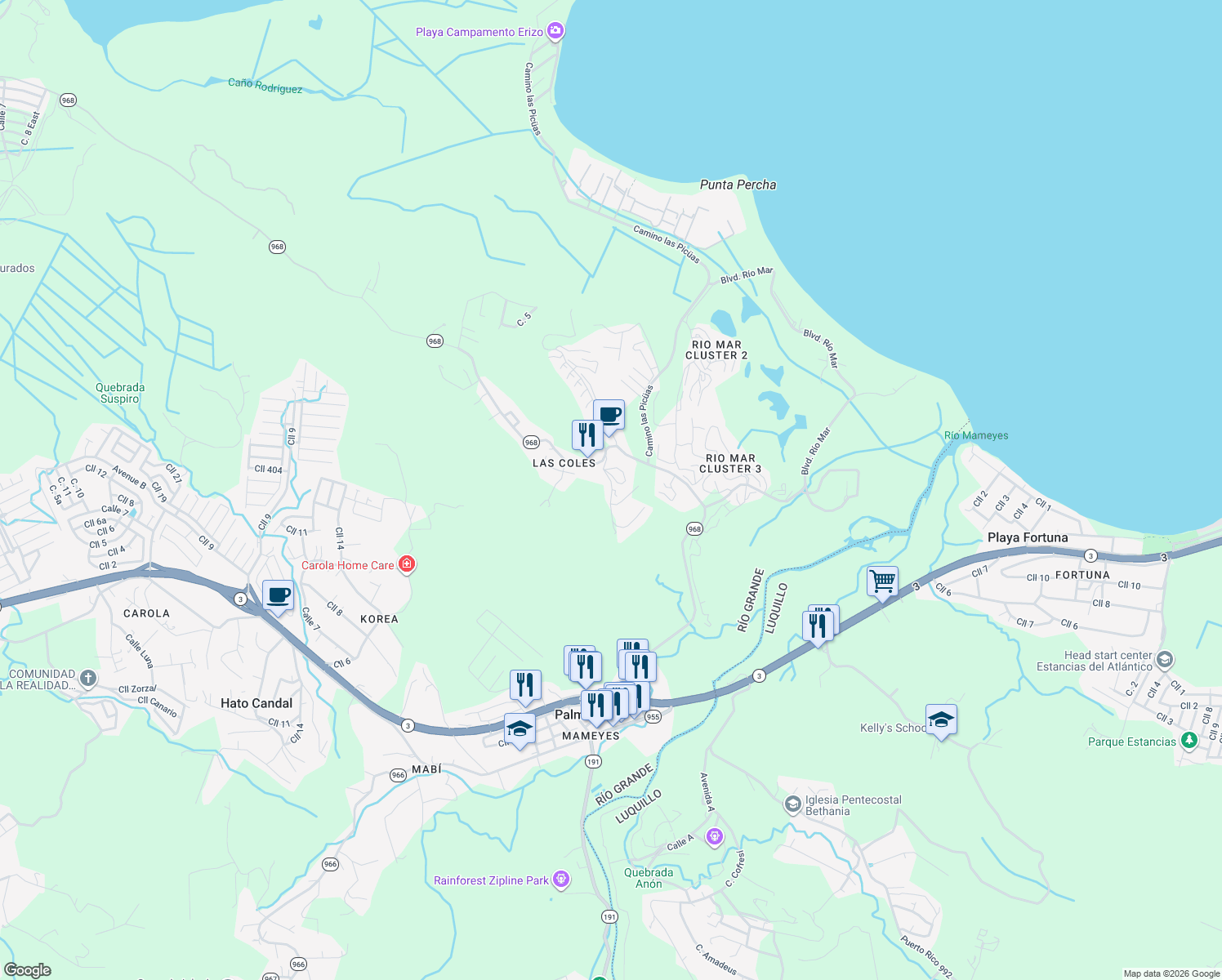 map of restaurants, bars, coffee shops, grocery stores, and more near PR-968 in Rio Grande