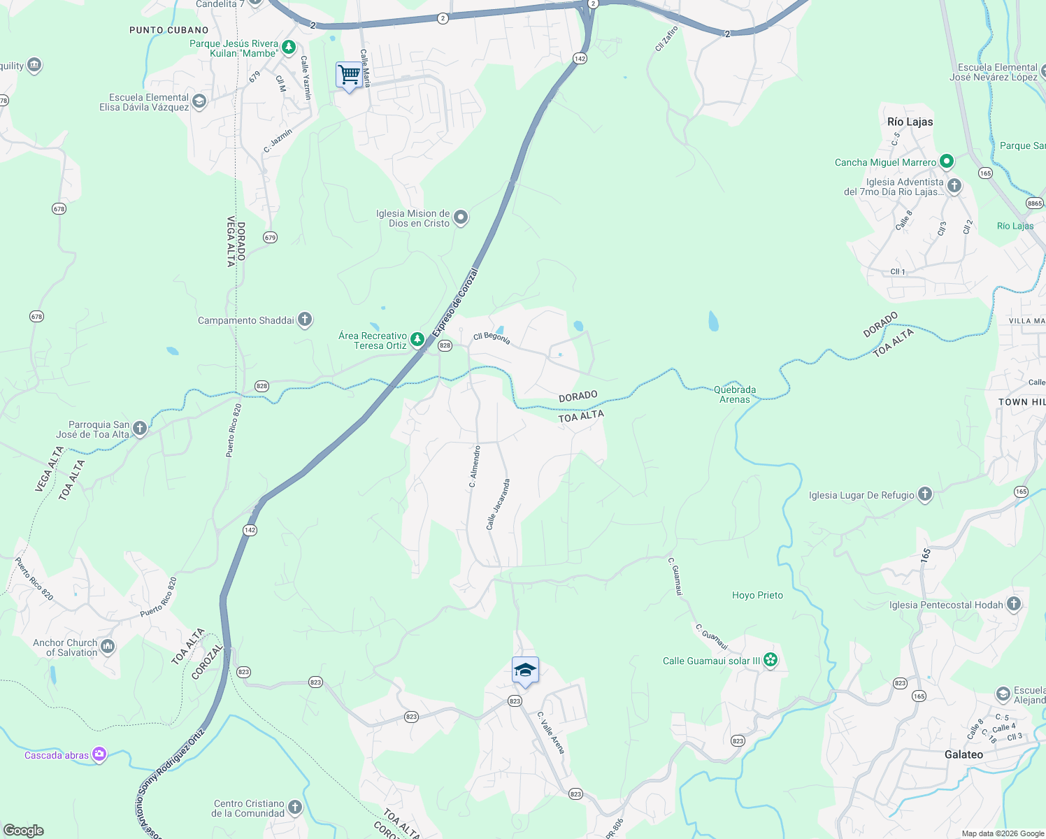 map of restaurants, bars, coffee shops, grocery stores, and more near B22 Calle Delonix in Toa Alta