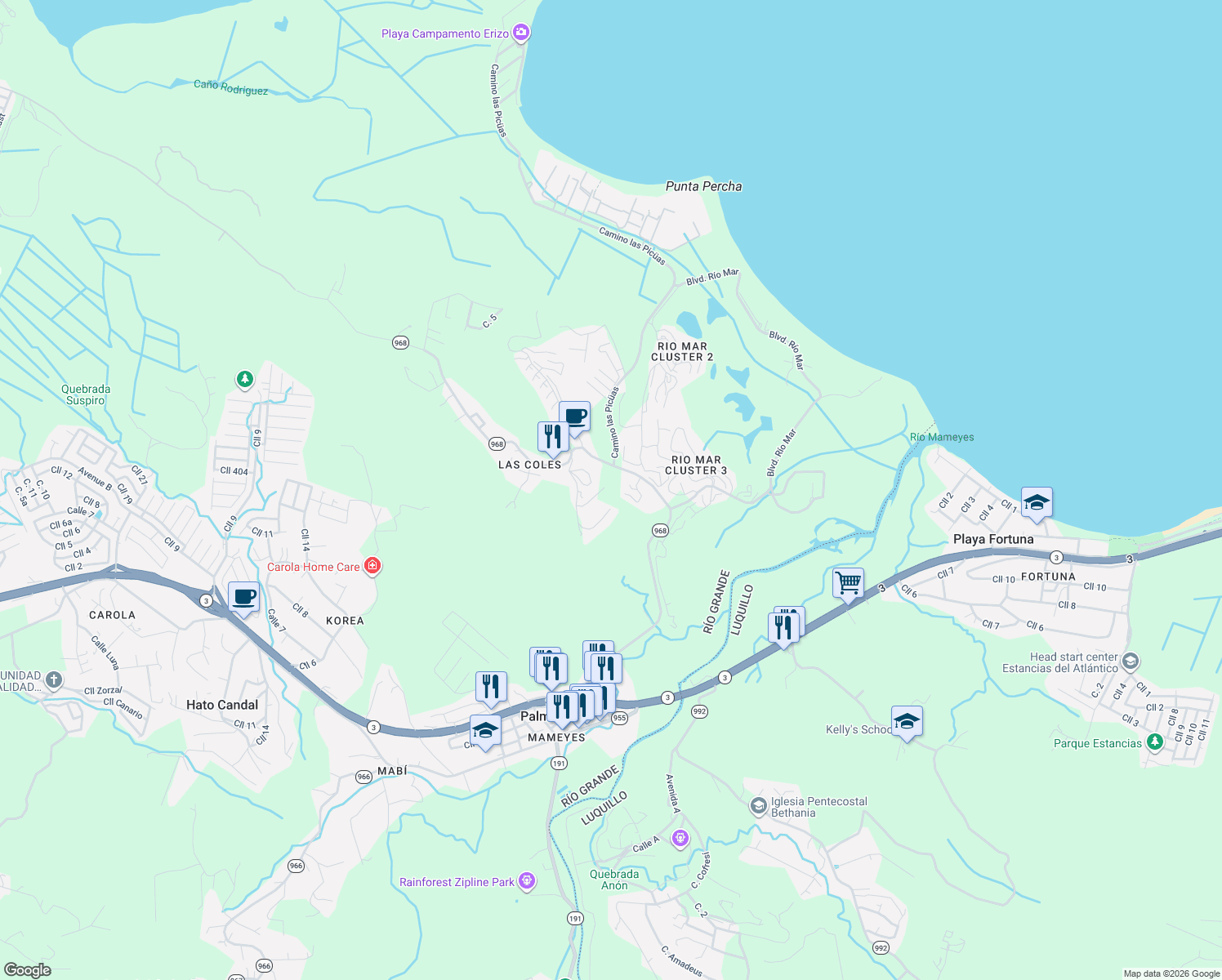 map of restaurants, bars, coffee shops, grocery stores, and more near Puerto Rico 968 in Río Grande
