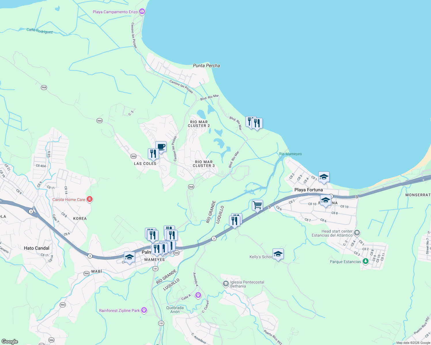 map of restaurants, bars, coffee shops, grocery stores, and more near in Río Grande