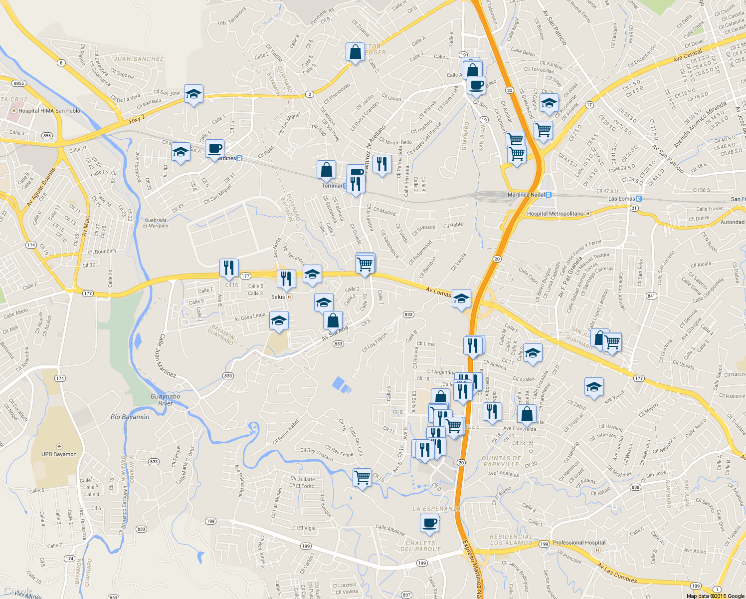 map of restaurants, bars, coffee shops, grocery stores, and more near Avenida Santa Ana in Guaynabo