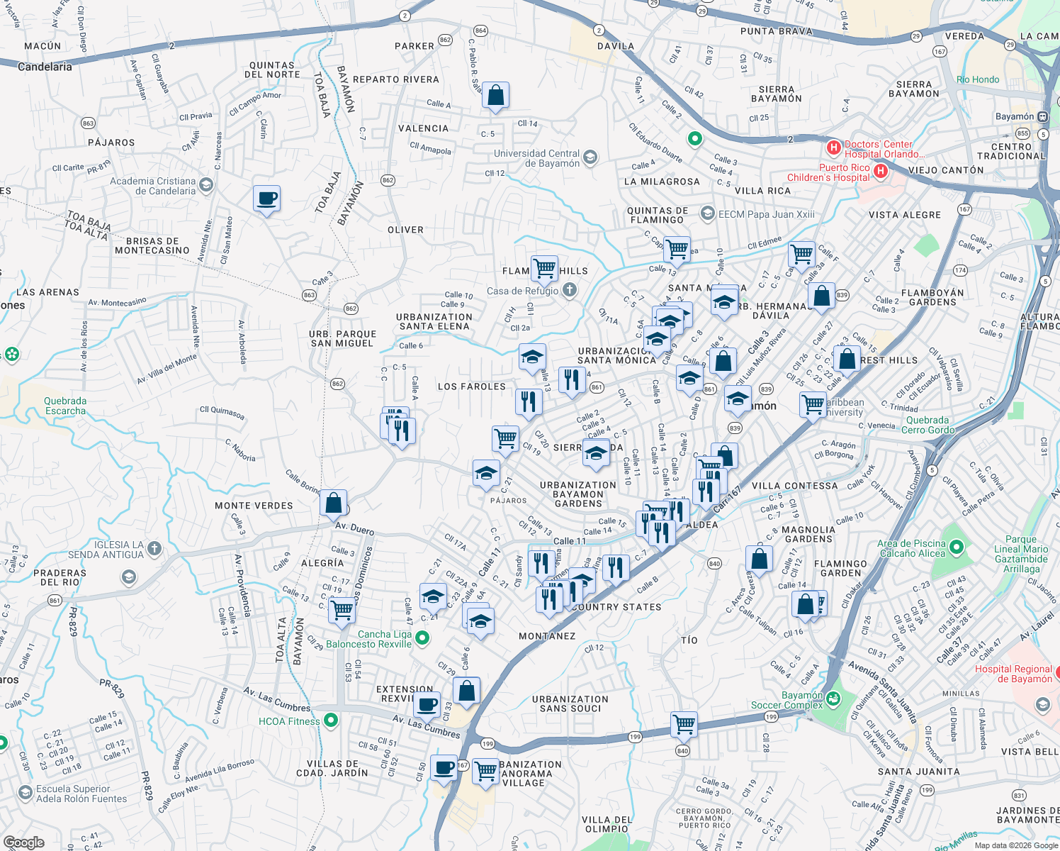 map of restaurants, bars, coffee shops, grocery stores, and more near Puerto Rico 861 in Bayamón