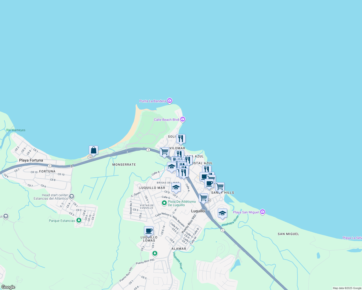 map of restaurants, bars, coffee shops, grocery stores, and more near in Luquillo