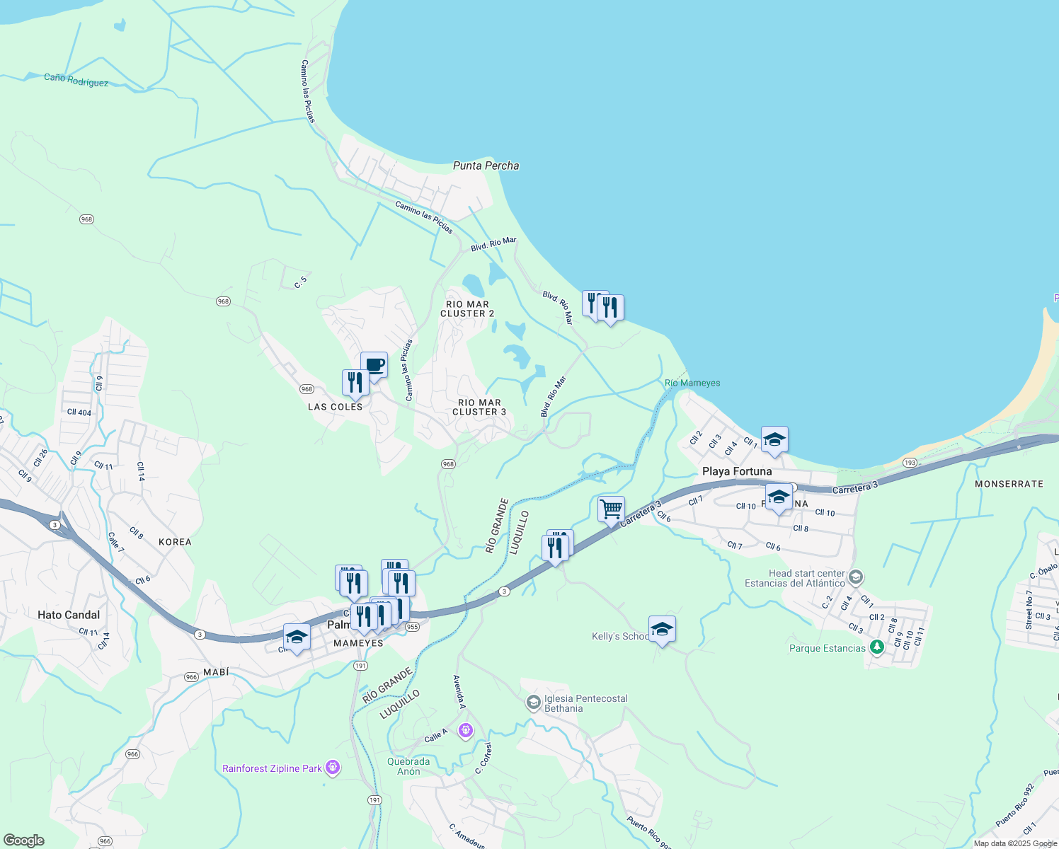 map of restaurants, bars, coffee shops, grocery stores, and more near 6000 Boulevard Río Mar in Río Grande