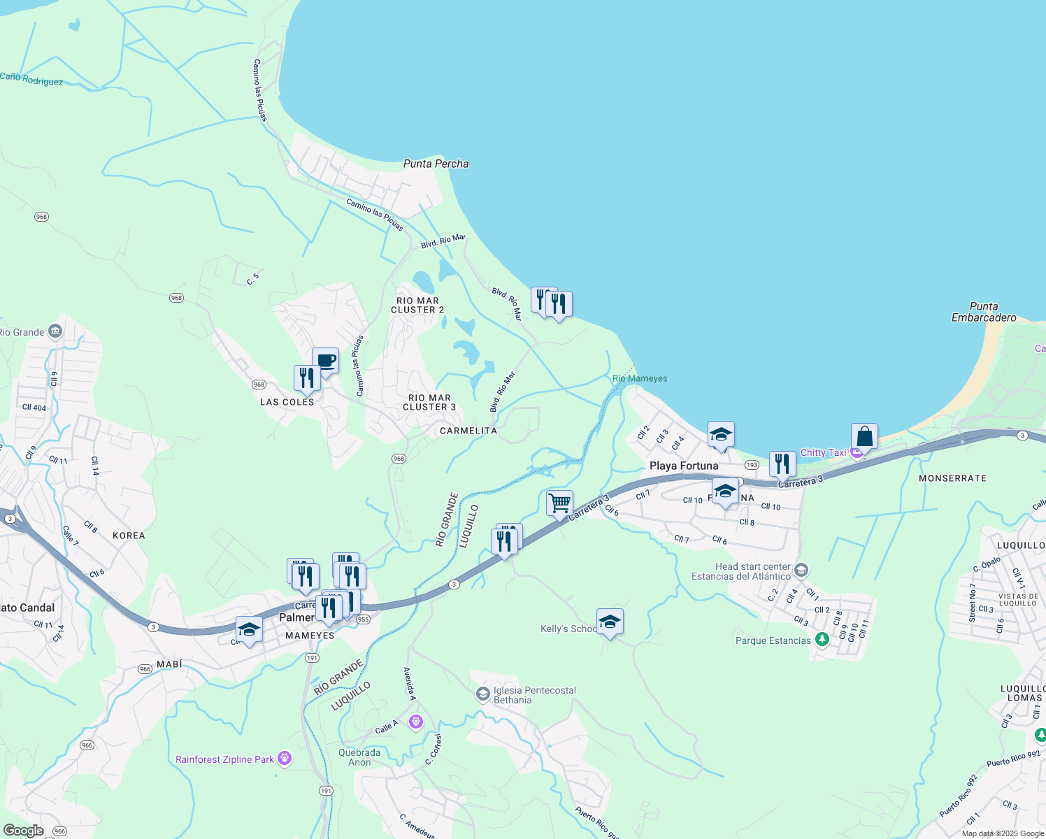 map of restaurants, bars, coffee shops, grocery stores, and more near 6000 Boulevard Río Mar in Río Grande