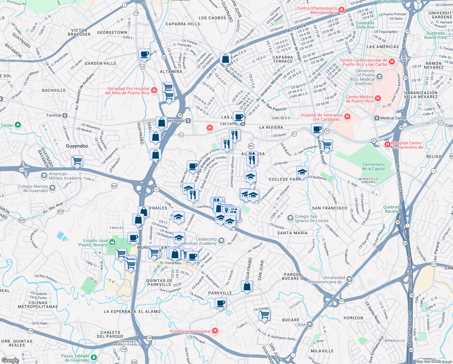 map of restaurants, bars, coffee shops, grocery stores, and more near in San Juan