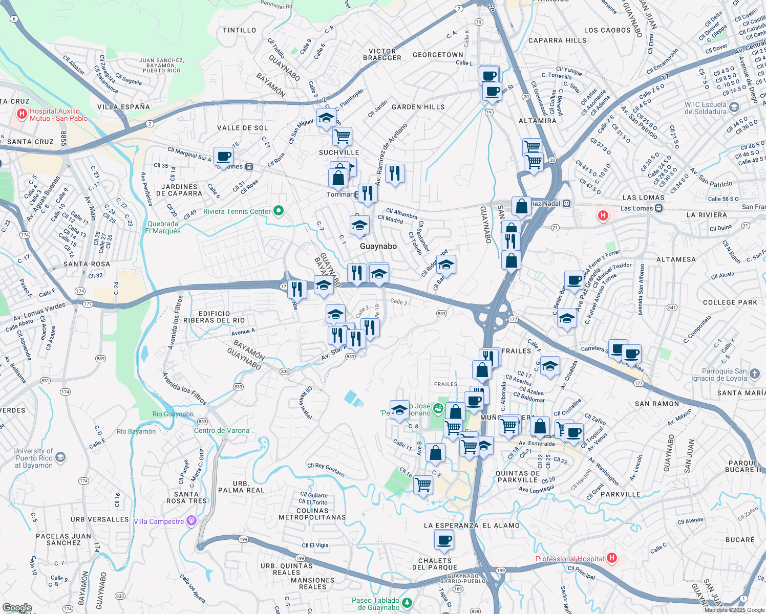 map of restaurants, bars, coffee shops, grocery stores, and more near Avenida Santa Ana in Guaynabo