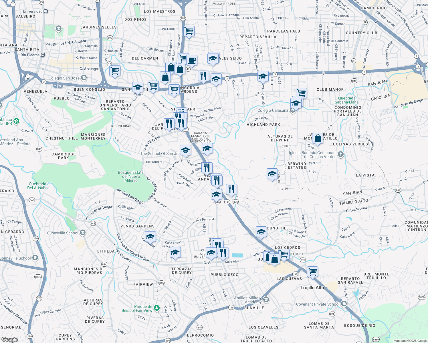 map of restaurants, bars, coffee shops, grocery stores, and more near 877 Puerto Rico 877 in San Juan