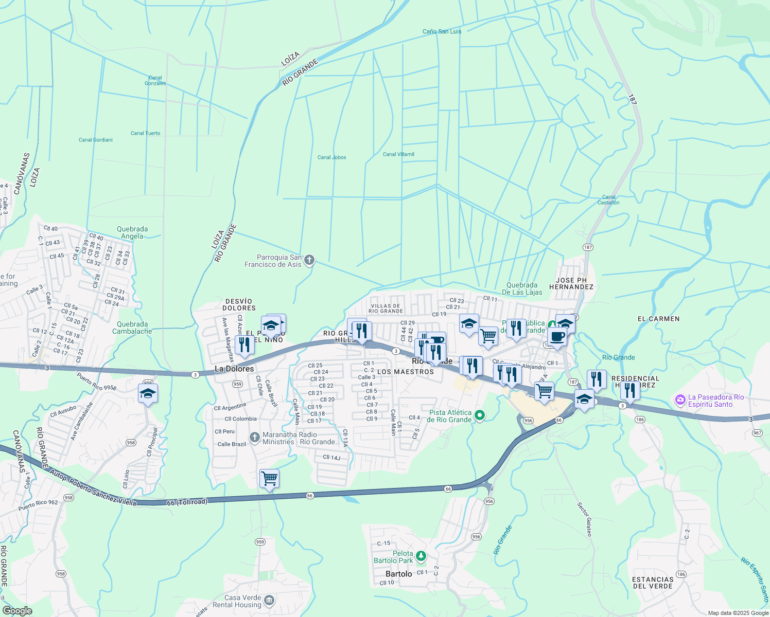 map of restaurants, bars, coffee shops, grocery stores, and more near in Río Grande