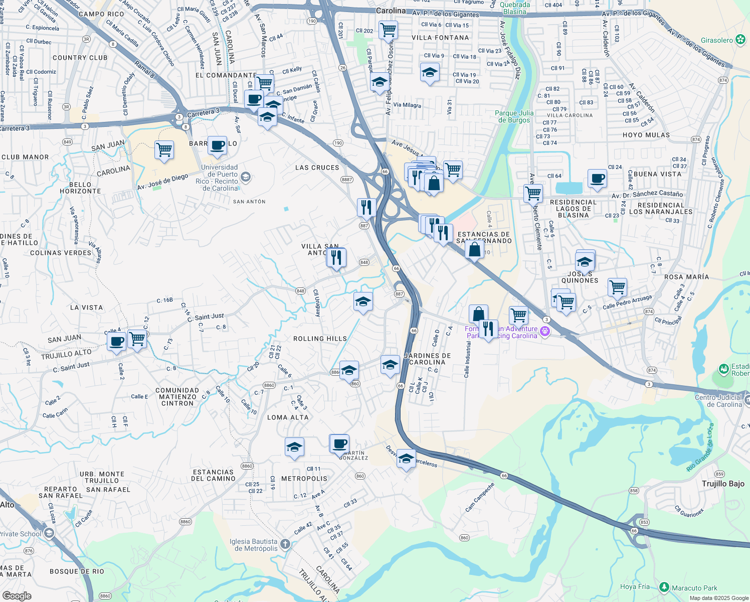 map of restaurants, bars, coffee shops, grocery stores, and more near Calle A in Carolina