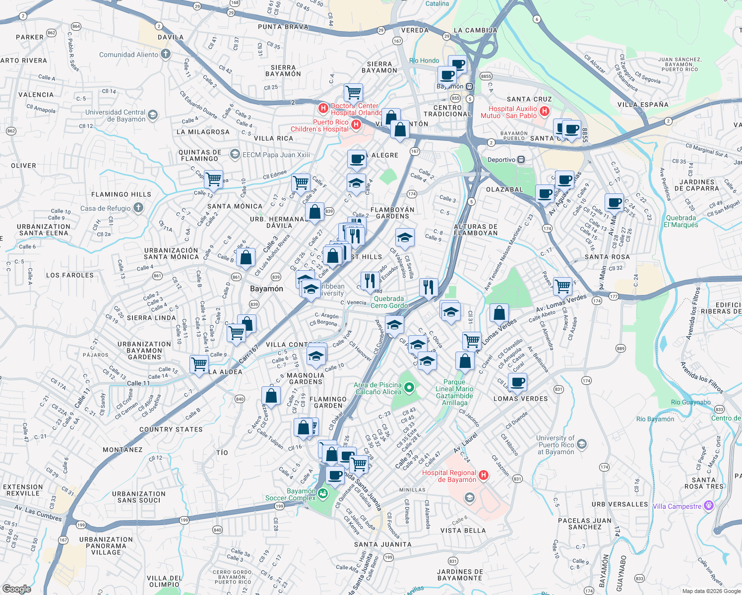 map of restaurants, bars, coffee shops, grocery stores, and more near Calle 21 in Bayamón