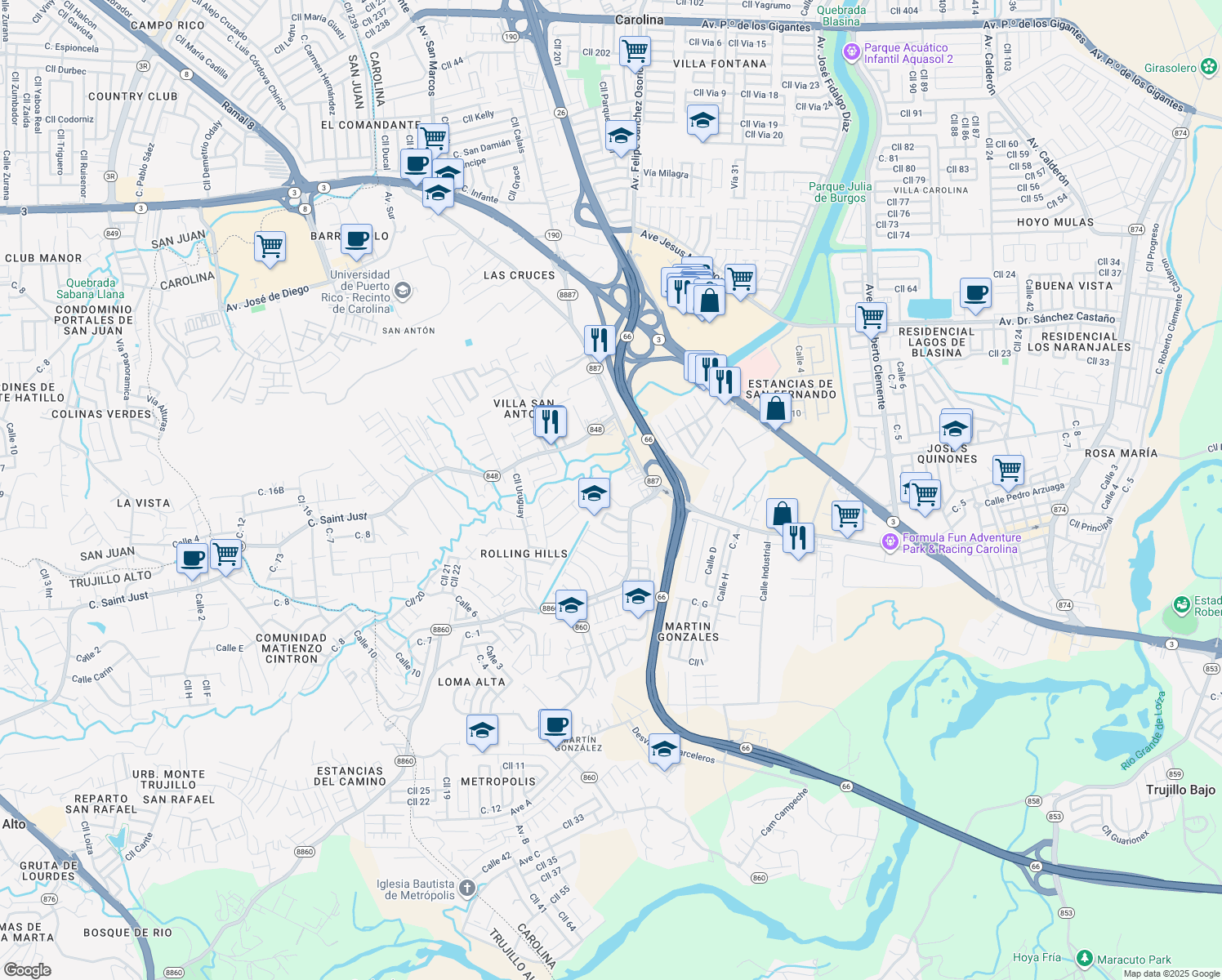 map of restaurants, bars, coffee shops, grocery stores, and more near Calle A in Carolina