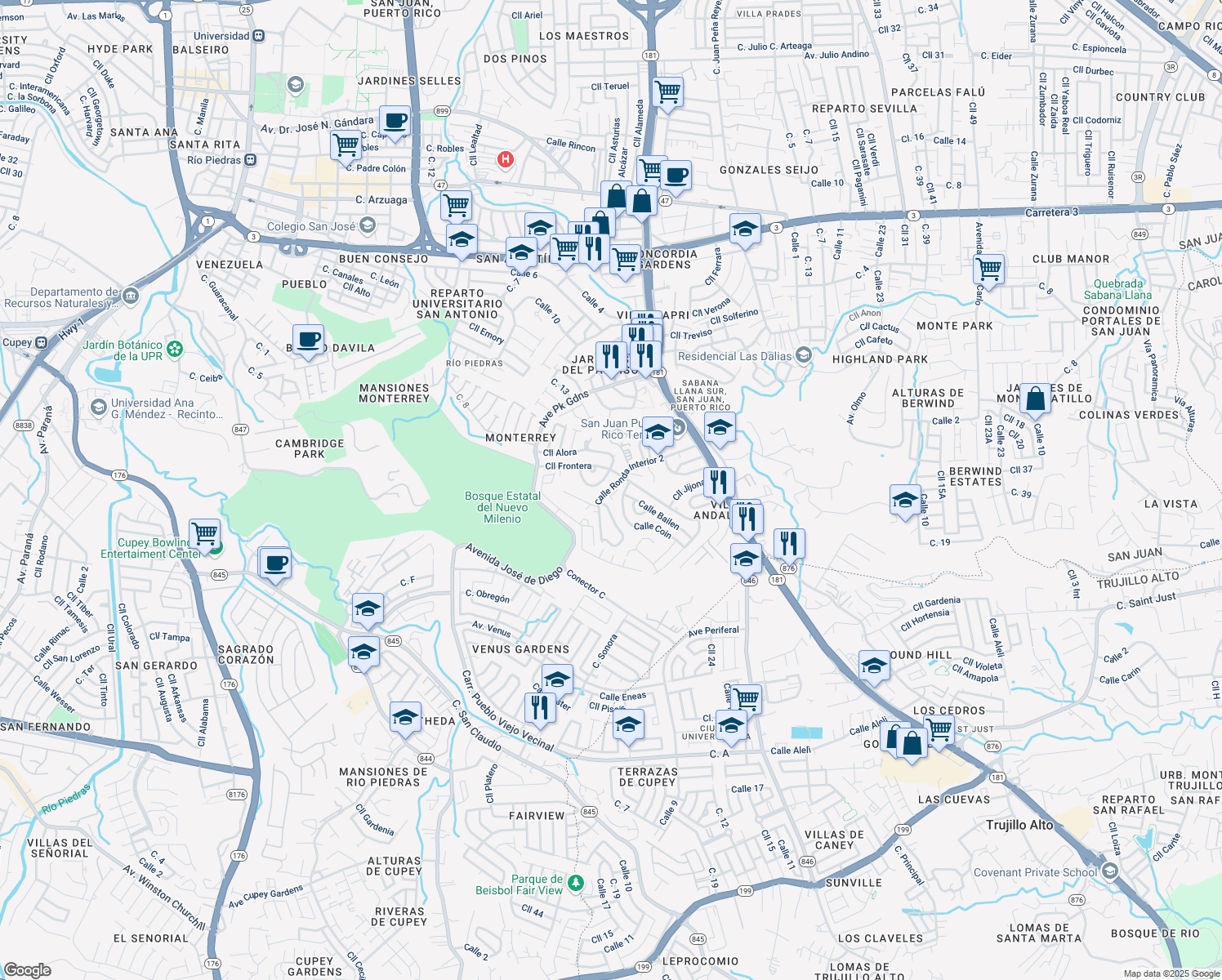 map of restaurants, bars, coffee shops, grocery stores, and more near in San Juan