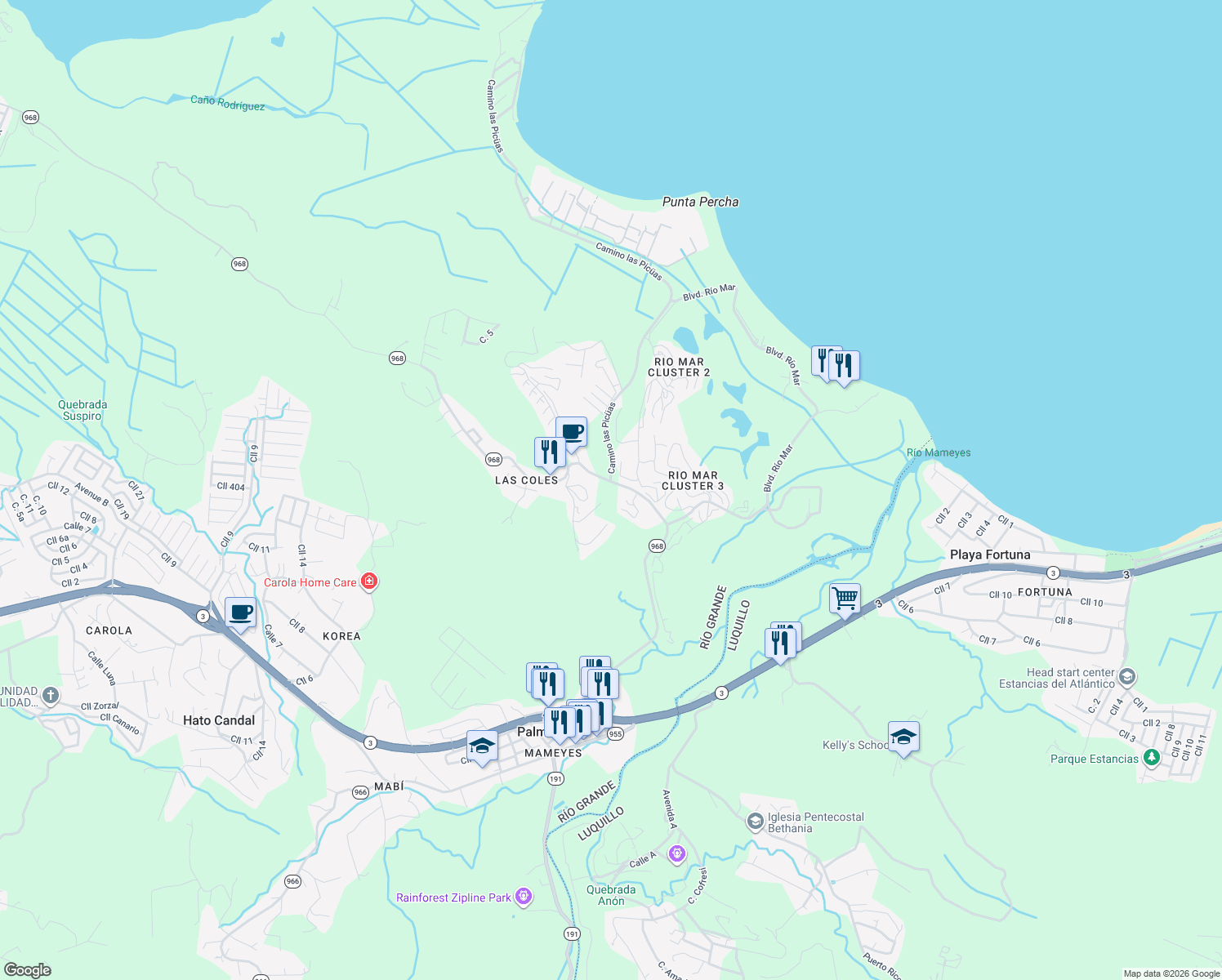 map of restaurants, bars, coffee shops, grocery stores, and more near in Mameyes II