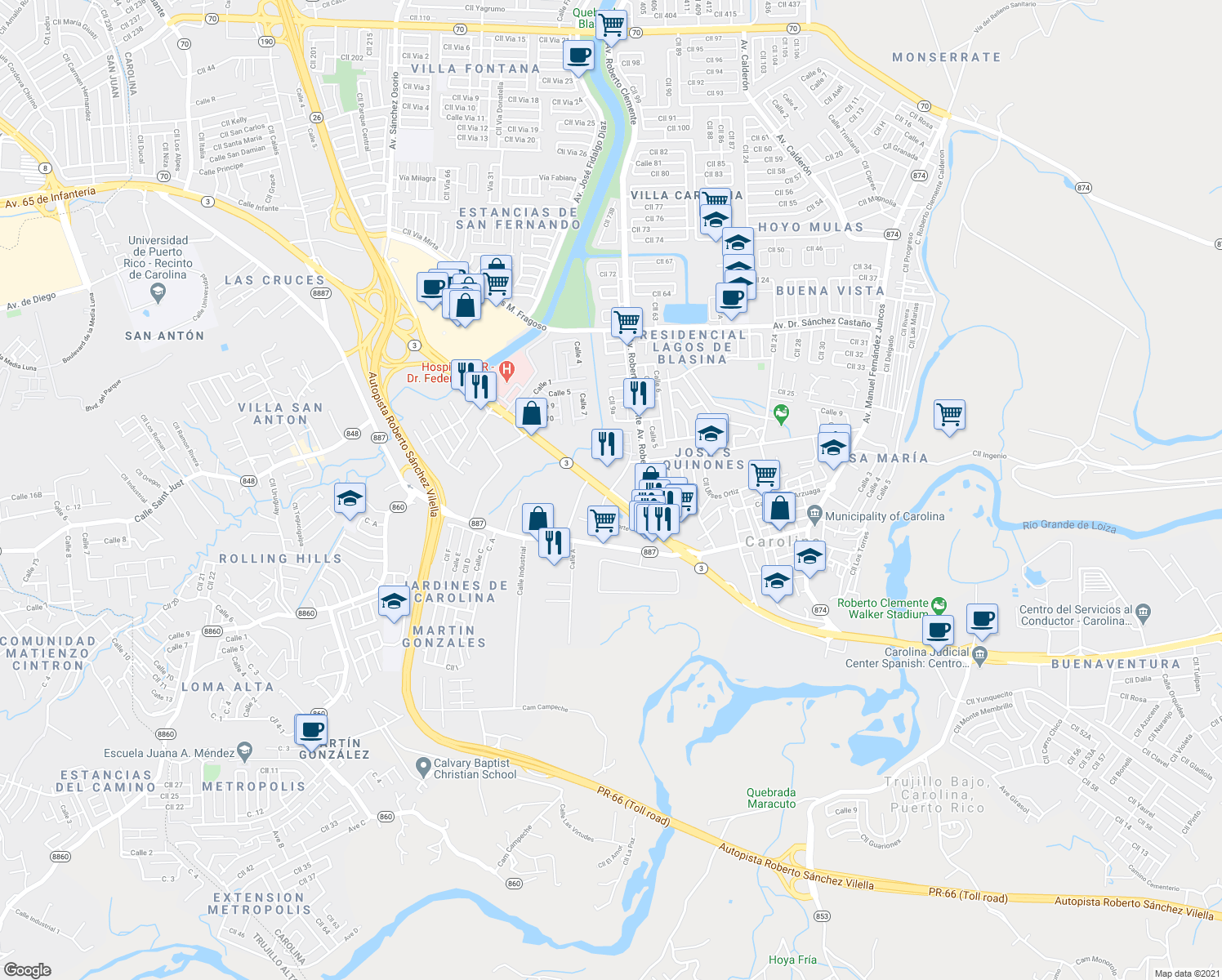 map of restaurants, bars, coffee shops, grocery stores, and more near Calle Park Dark in Carolina