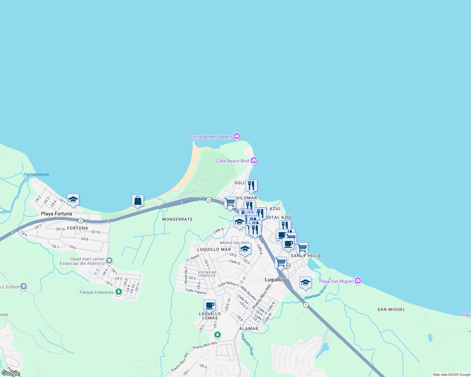 map of restaurants, bars, coffee shops, grocery stores, and more near Paseo del Mar in Luquillo