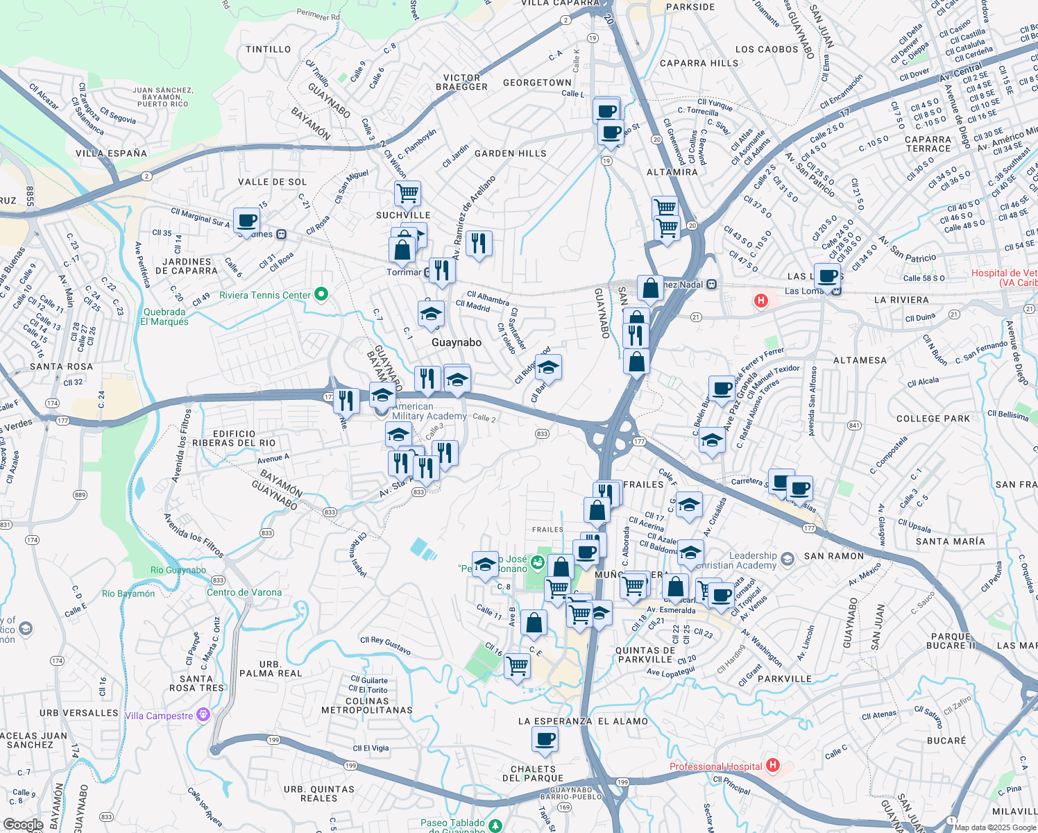 map of restaurants, bars, coffee shops, grocery stores, and more near 20 Urbanización Terranova in Guaynabo