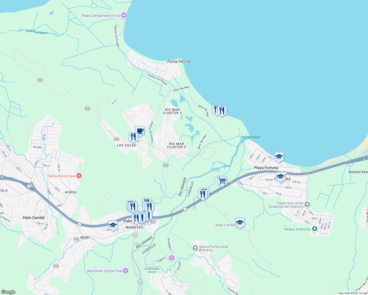 map of restaurants, bars, coffee shops, grocery stores, and more near in Río Grande