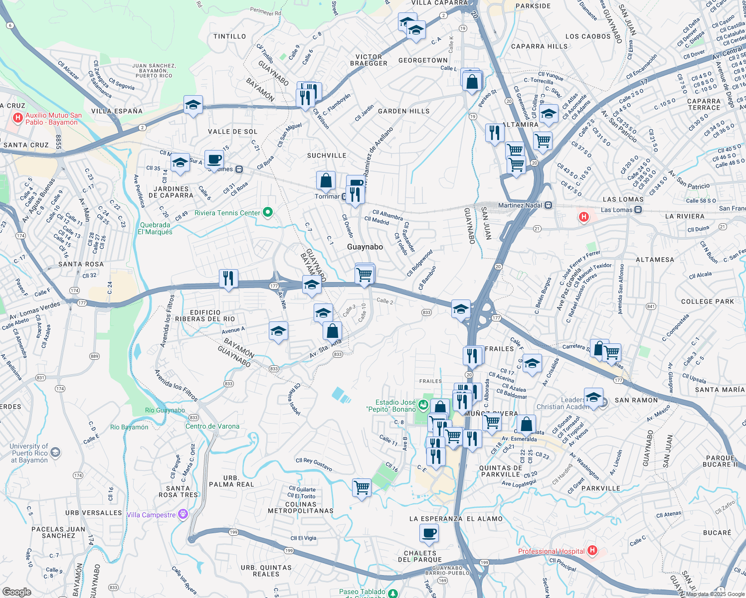 map of restaurants, bars, coffee shops, grocery stores, and more near Puerto Rico 177 in Guaynabo