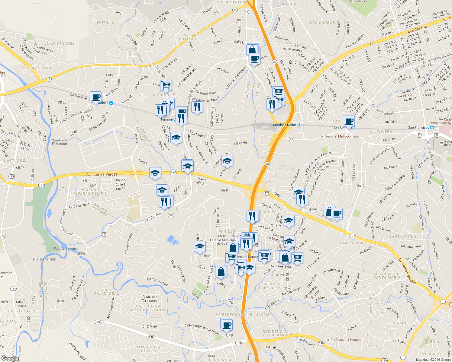 map of restaurants, bars, coffee shops, grocery stores, and more near Puerto Rico 177 in Guaynabo