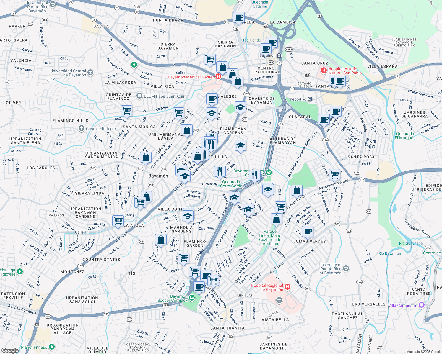map of restaurants, bars, coffee shops, grocery stores, and more near Calle 3a in Bayamón